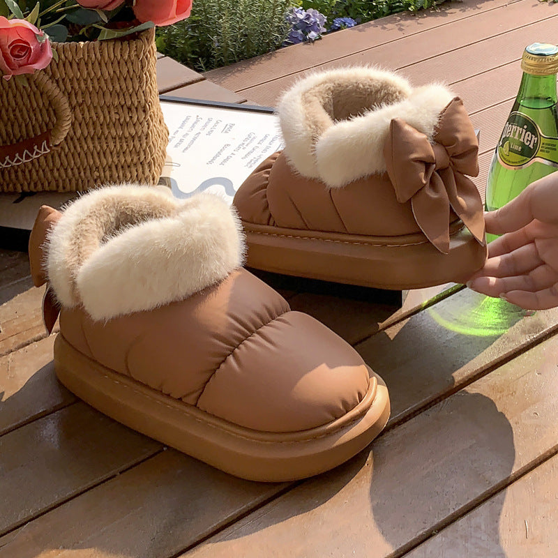 Winter Women Cute Warm Ankle Boots Outdoor Non-slip Thick Sole Snow Boots Furry Bow Cotton Shoes Men Pu Waterproof Plush Boots God&