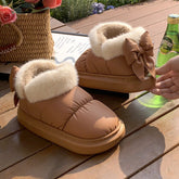 Winter Women Cute Warm Ankle Boots Outdoor Non-slip Thick Sole Snow Boots Furry Bow Cotton Shoes Men Pu Waterproof Plush Boots God&