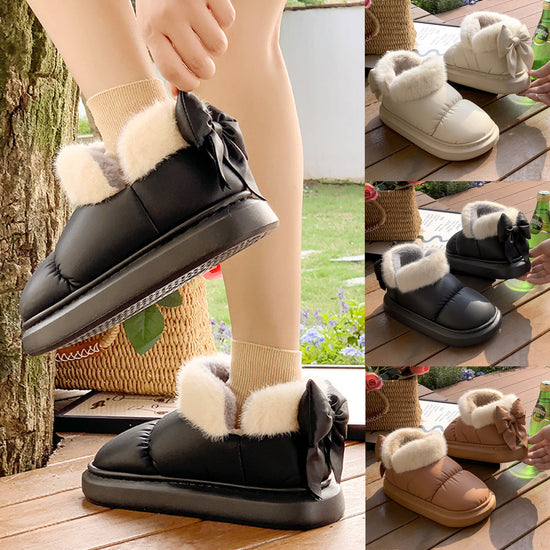 Winter Women Cute Warm Ankle Boots Outdoor Non-slip Thick Sole Snow Boots Furry Bow Cotton Shoes Men Pu Waterproof Plush Boots God&