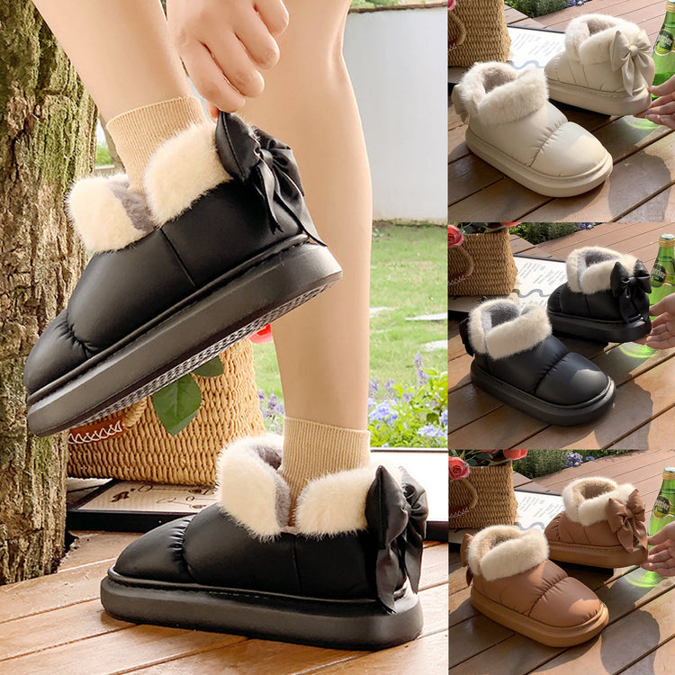 Winter Women Cute Warm Ankle Boots Outdoor Non-slip Thick Sole Snow Boots Furry Bow Cotton Shoes Men Pu Waterproof Plush Boots God&