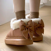 Winter Women Cute Warm Ankle Boots Outdoor Non-slip Thick Sole Snow Boots Furry Bow Cotton Shoes Men Pu Waterproof Plush Boots God&