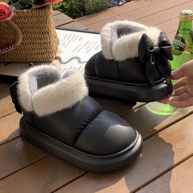 Winter Women Cute Warm Ankle Boots Outdoor Non-slip Thick Sole Snow Boots Furry Bow Cotton Shoes Men Pu Waterproof Plush Boots God&