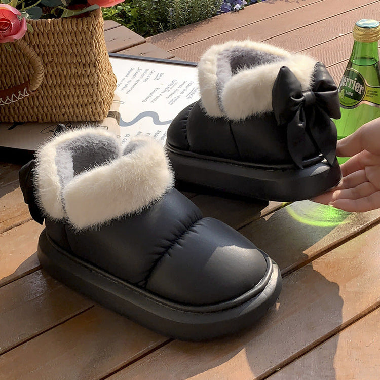 Winter Women Cute Warm Ankle Boots Outdoor Non-slip Thick Sole Snow Boots Furry Bow Cotton Shoes Men Pu Waterproof Plush Boots God&