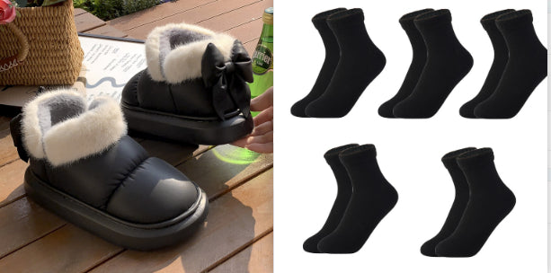 Winter Women Cute Warm Ankle Boots Outdoor Non-slip Thick Sole Snow Boots Furry Bow Cotton Shoes Men Pu Waterproof Plush Boots God&